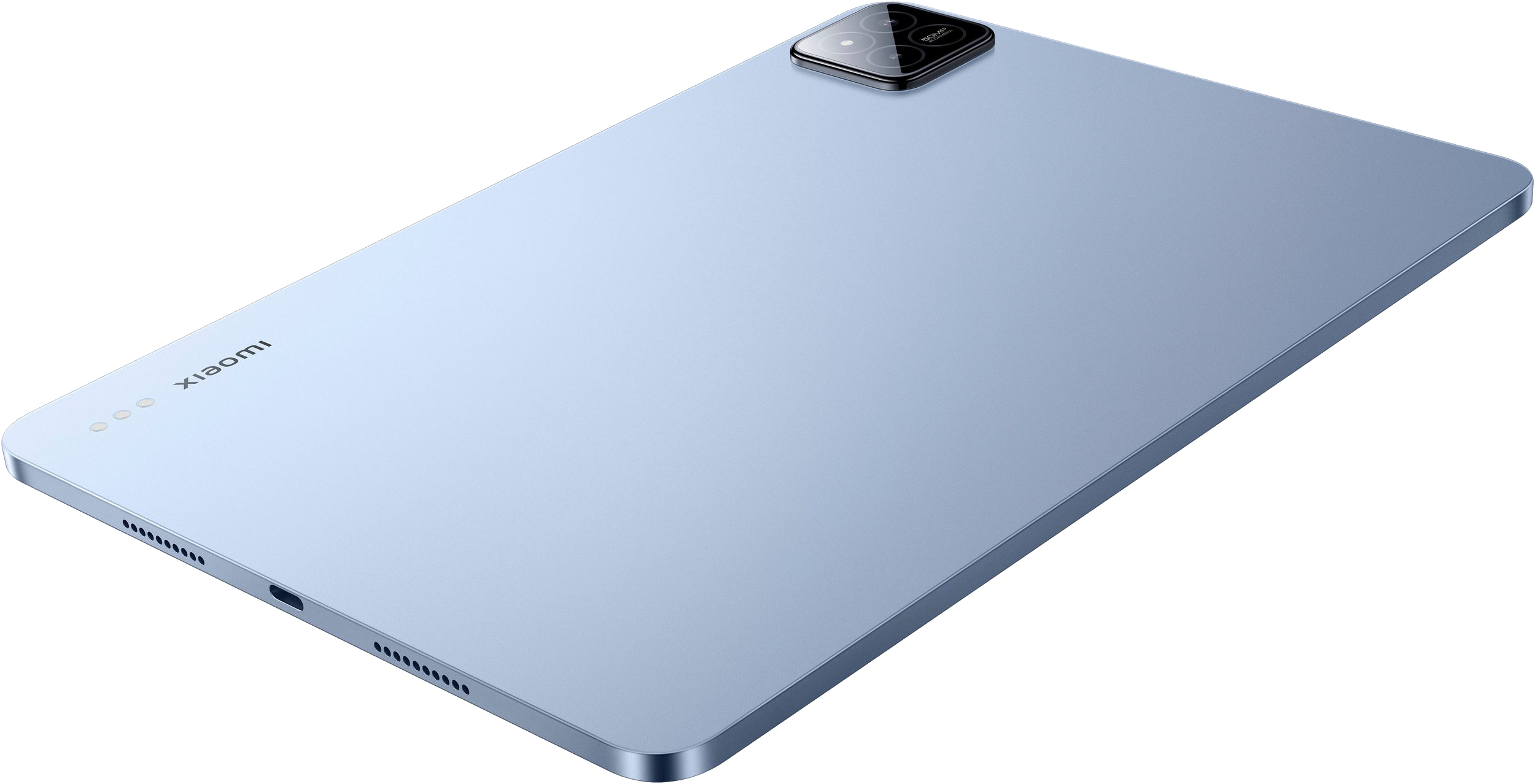 Világoskék Xiaomi tablet. A tablet kameramodullal és Xiaomi logóval rendelkezik. A szélek lekerekítettek.