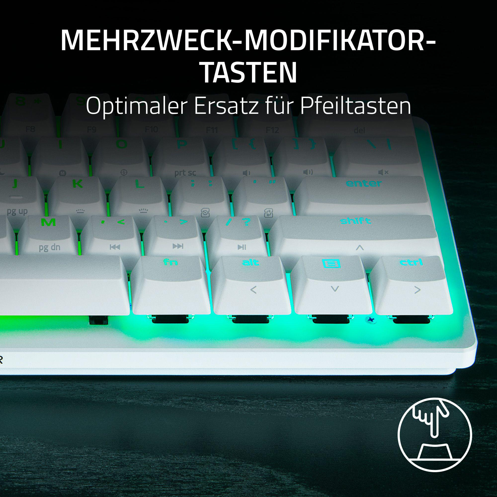 Nahaufnahme einer weißen Tastatur mit grüner Hintergrundbeleuchtung und weißen Tasten.