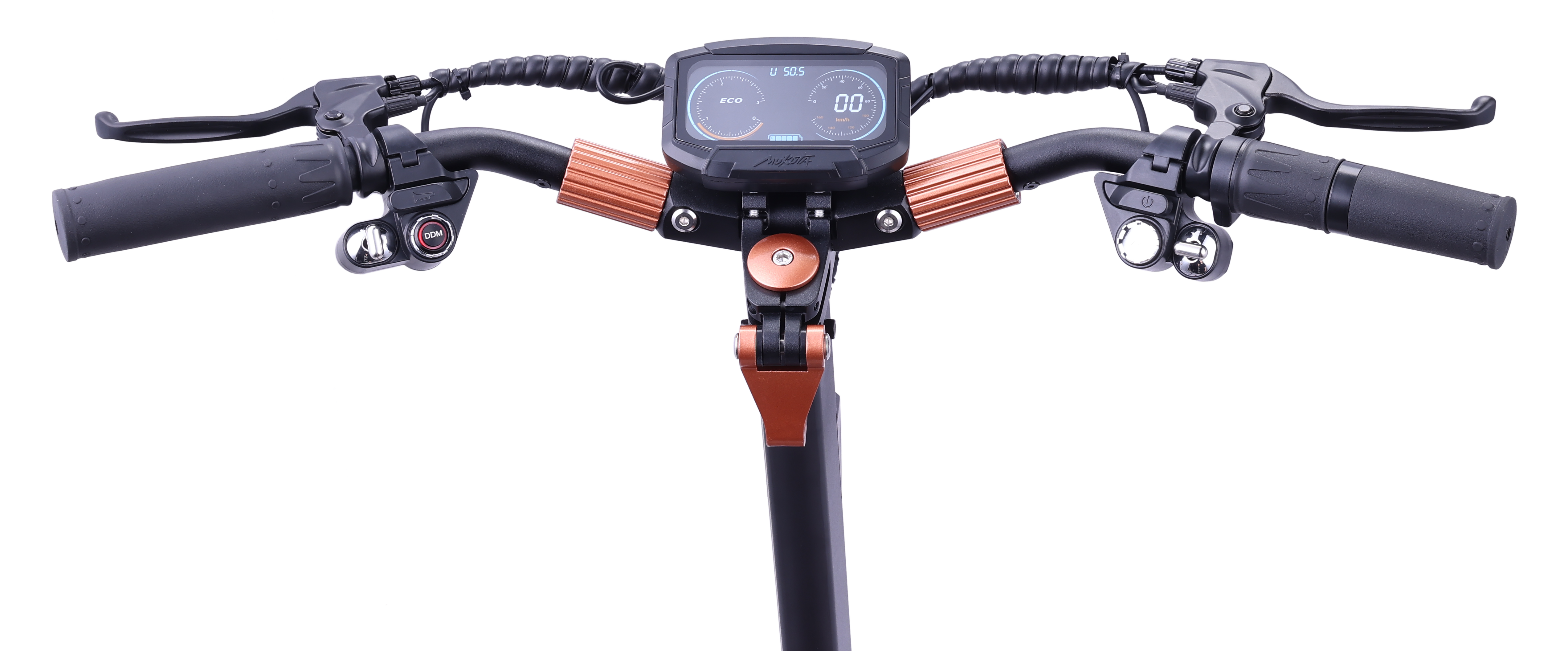 Ekran ve kontrollere sahip scooter gidonu. Turuncu vurgular, siyah tutma yerleri.