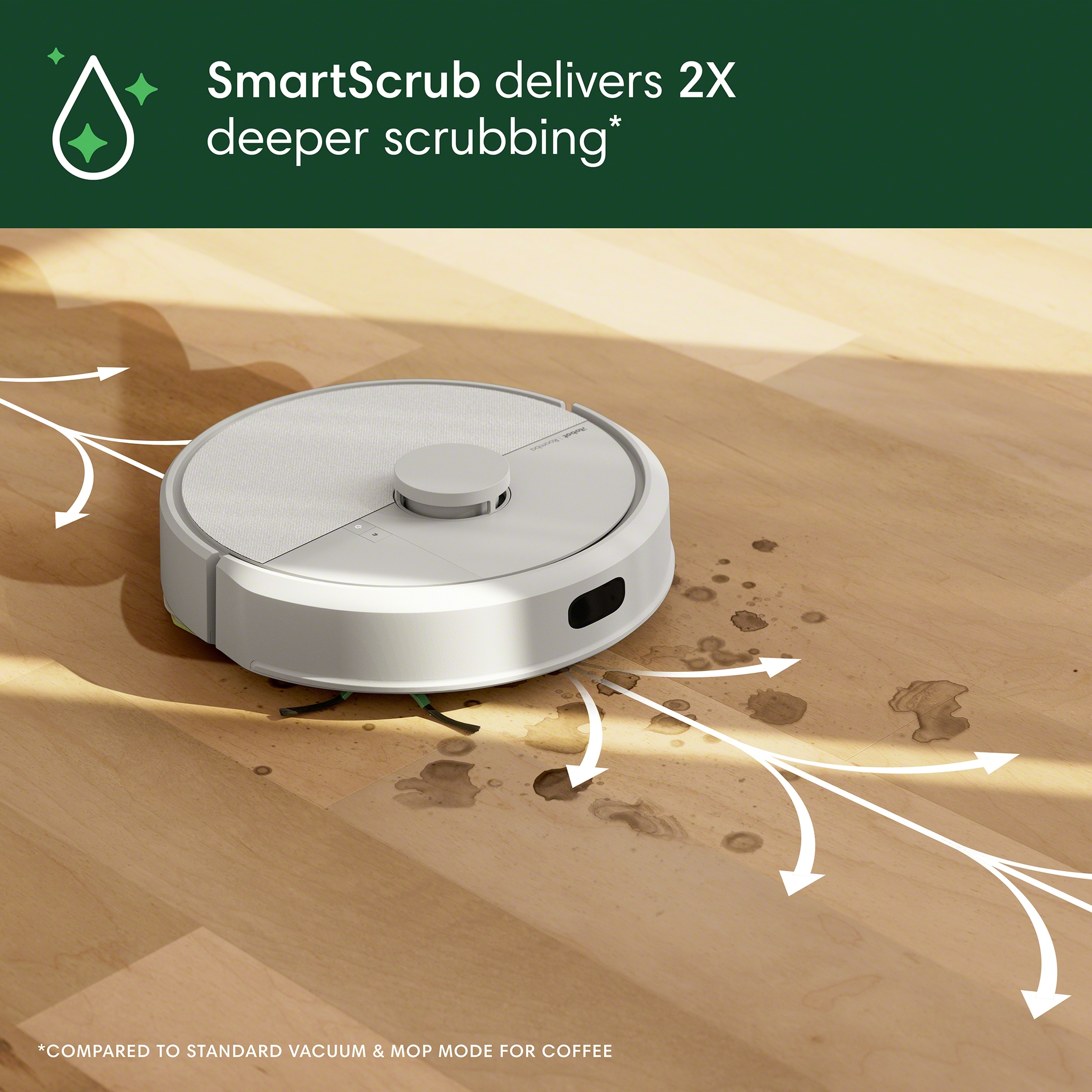 Aspirapolvere robotico su pavimento in legno con sporco e frecce. Sfondo bianco.