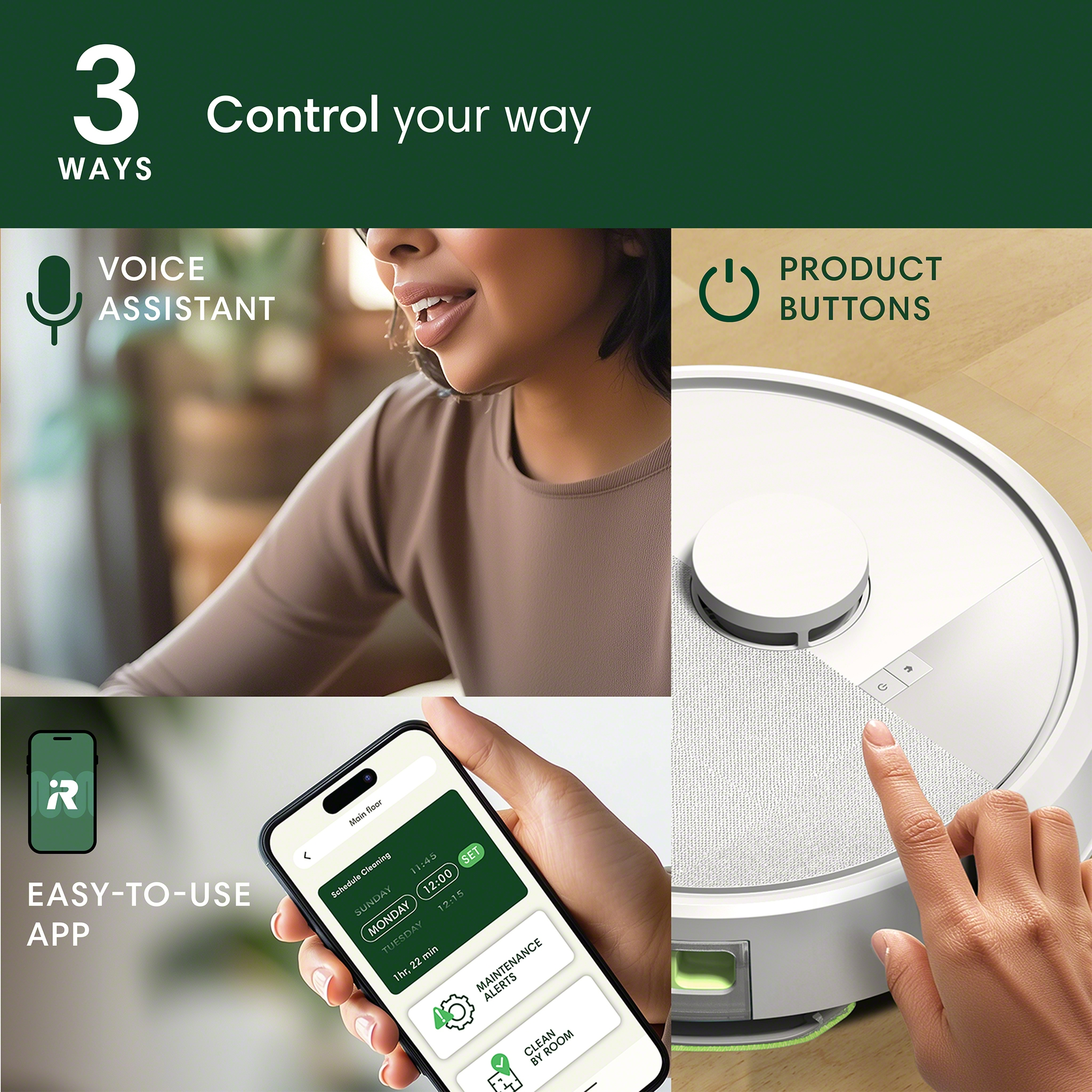 Una persona controlla un aspirapolvere con un'app. Sono mostrati anche controllo vocale e pulsanti.