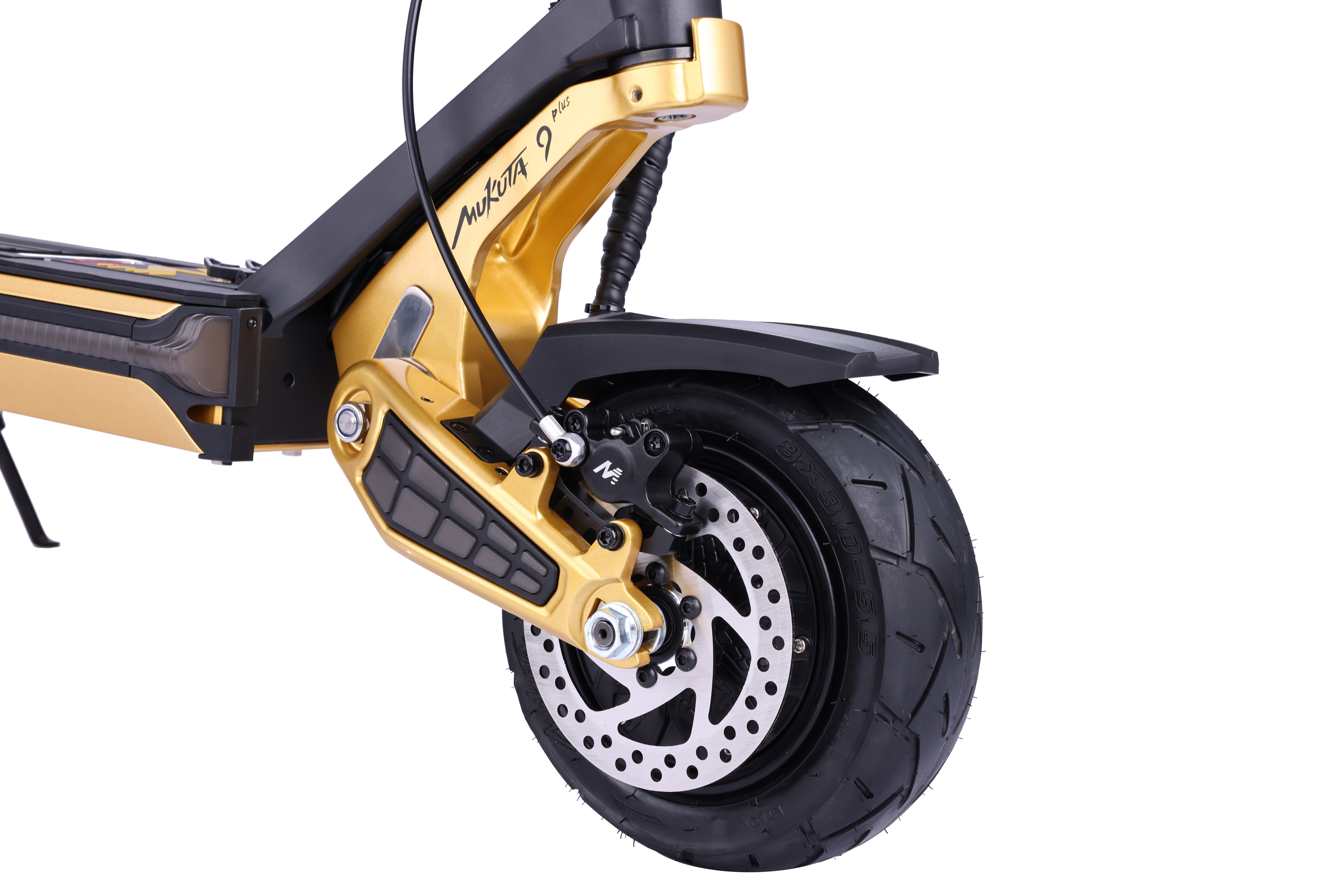 Elektrikli scooter tekerleği, altın ve siyah, disk frenli. Mukuta 9 plus.