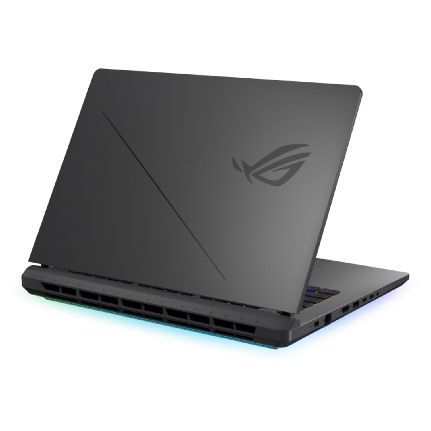 Dark gray laptop, open, rear view. Features a line of dots and ROG logo with RGB light.