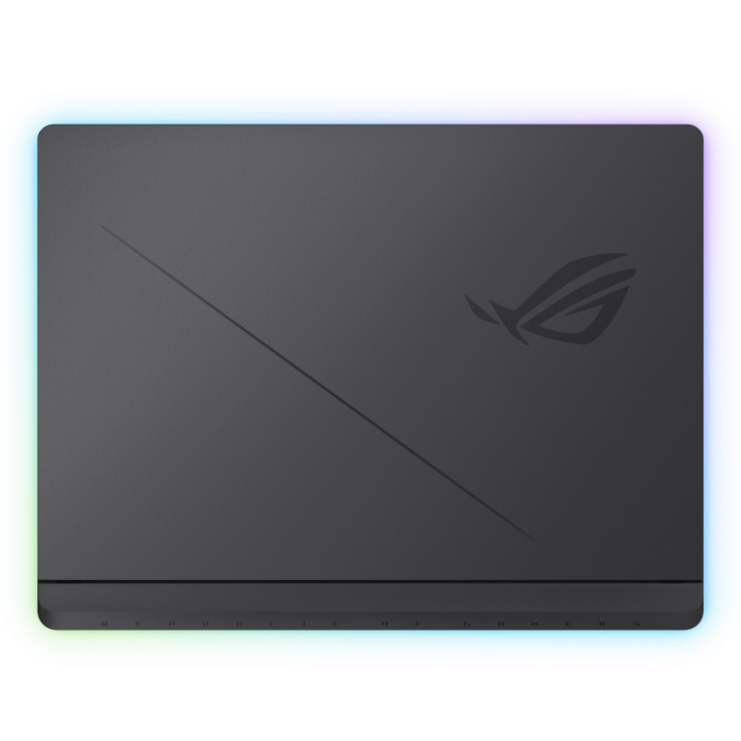 Laptop top, black with a diagonal line and logo.
