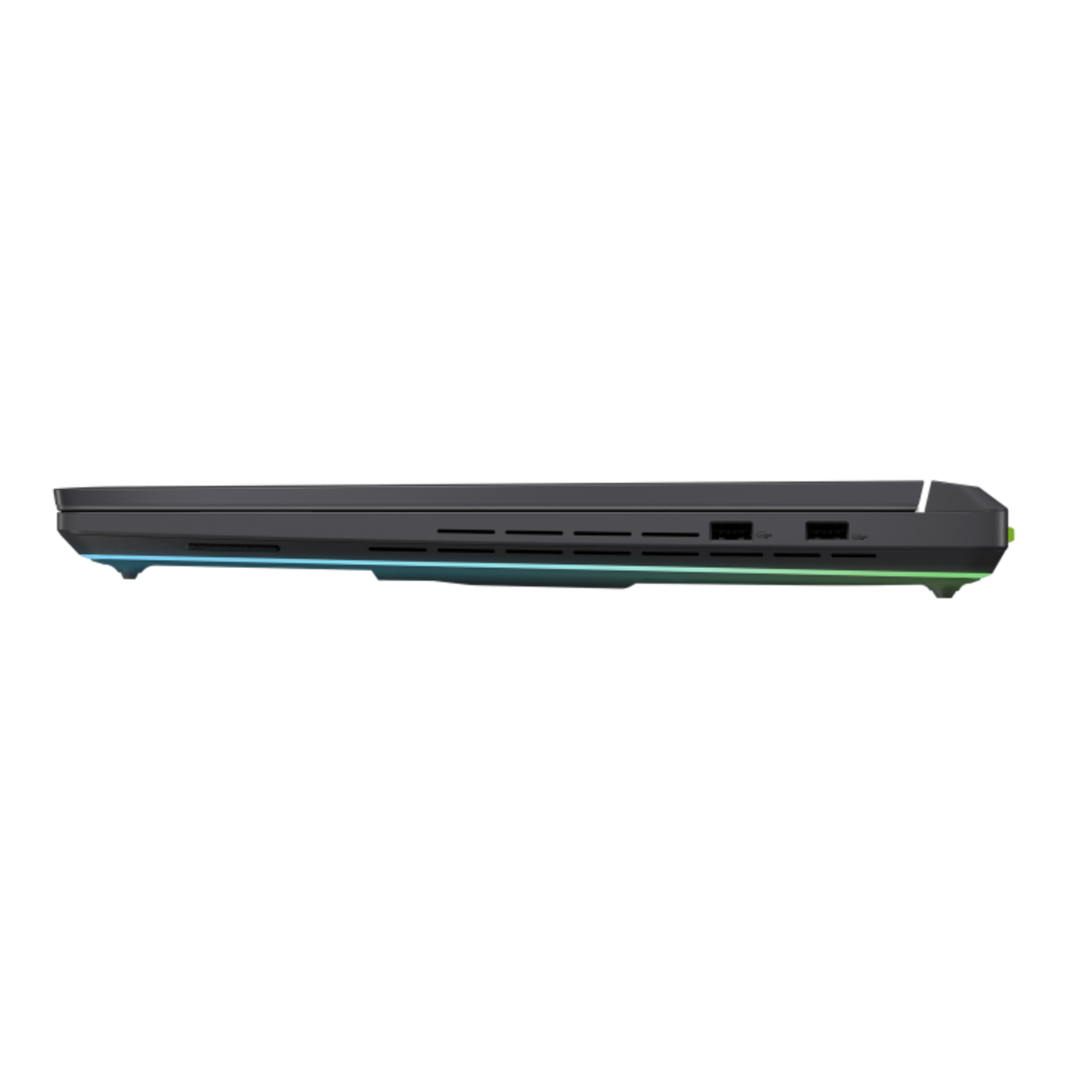 Side view of a black laptop with ports and RGB lighting along the edge.