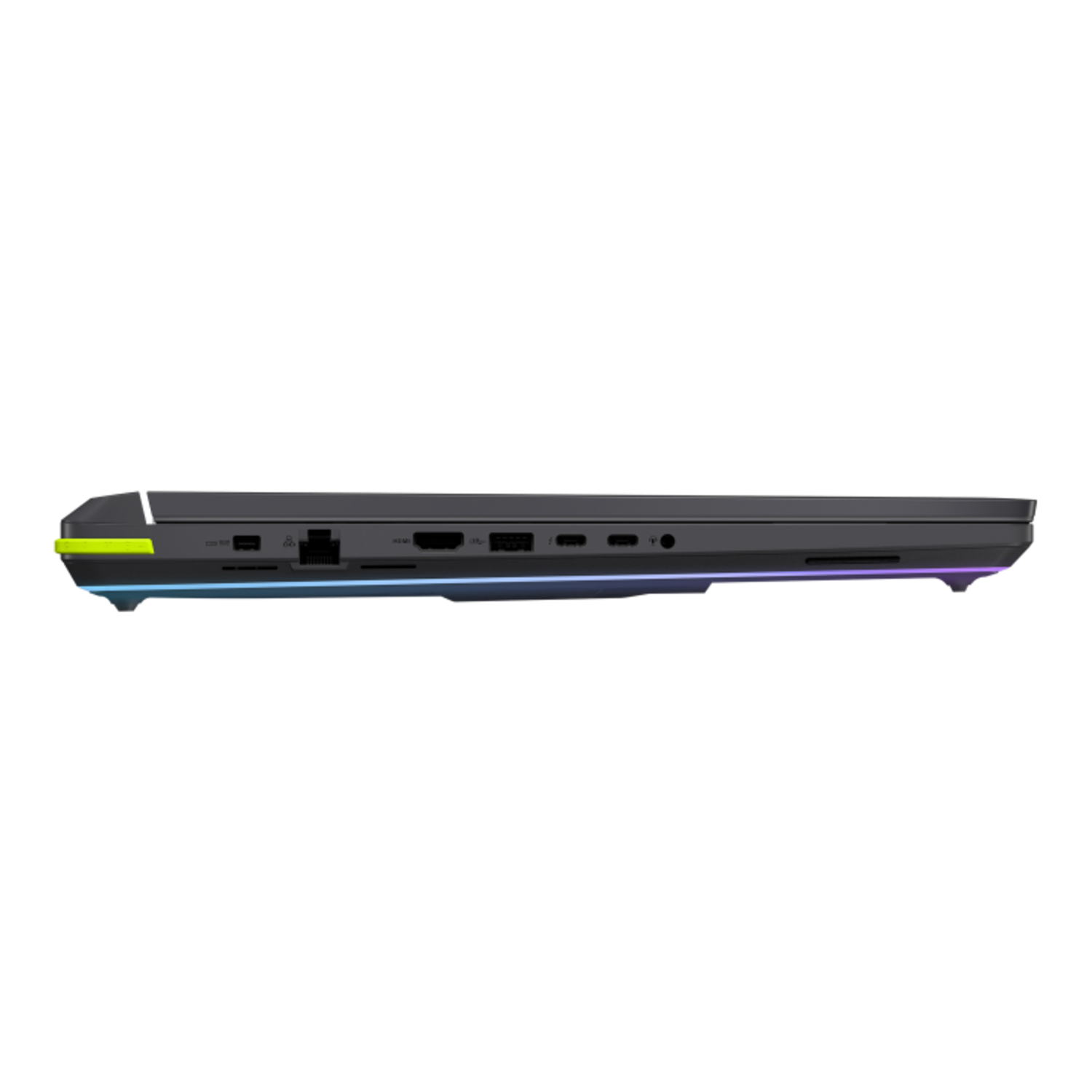 Side view of a laptop. Showing ports and some colorful lighting.