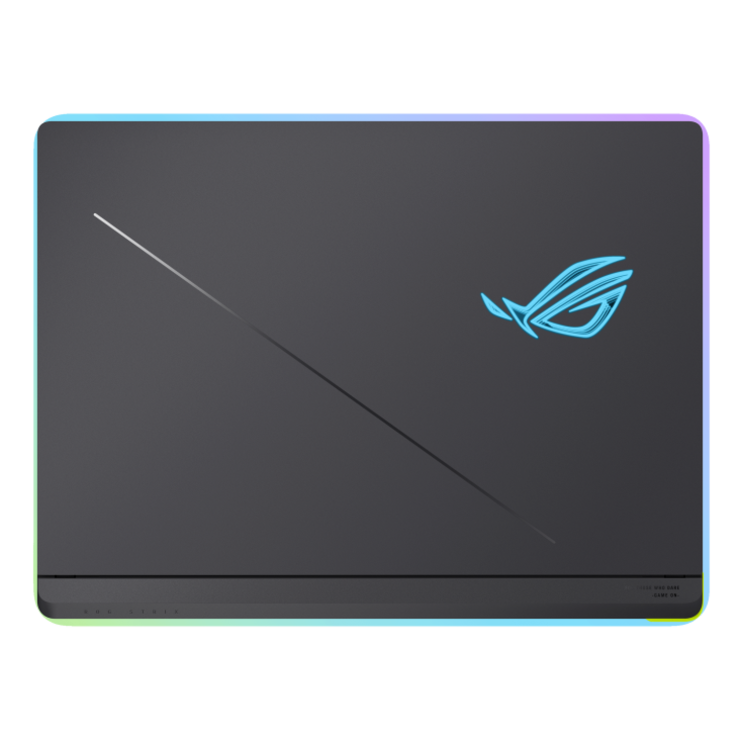 A black laptop with a neon logo and a white line on it.