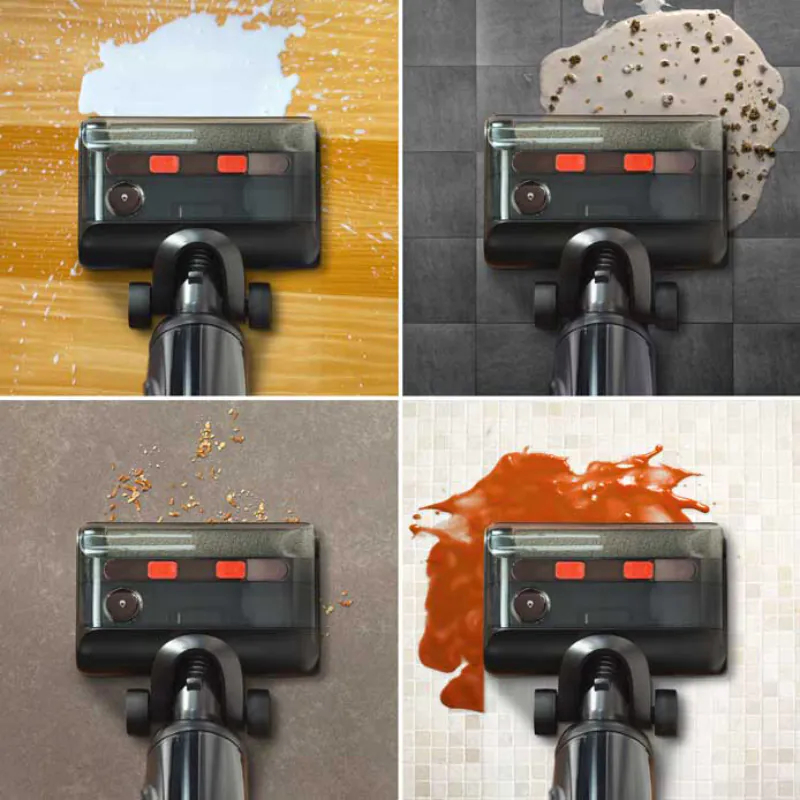 Cztery obrazy pokazujące głowicę czyszczącą odkurzacza na różnych powierzchniach.