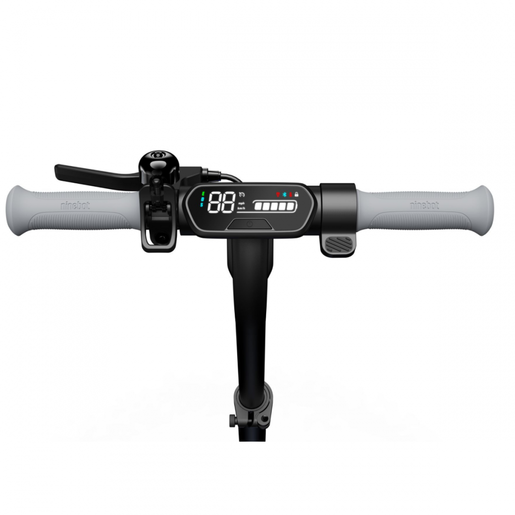 Roller-Lenker, zeigt Geschwindigkeit und Akkulaufzeit. Graue Griffe, schwarzer Körper, weißer Hintergrund.