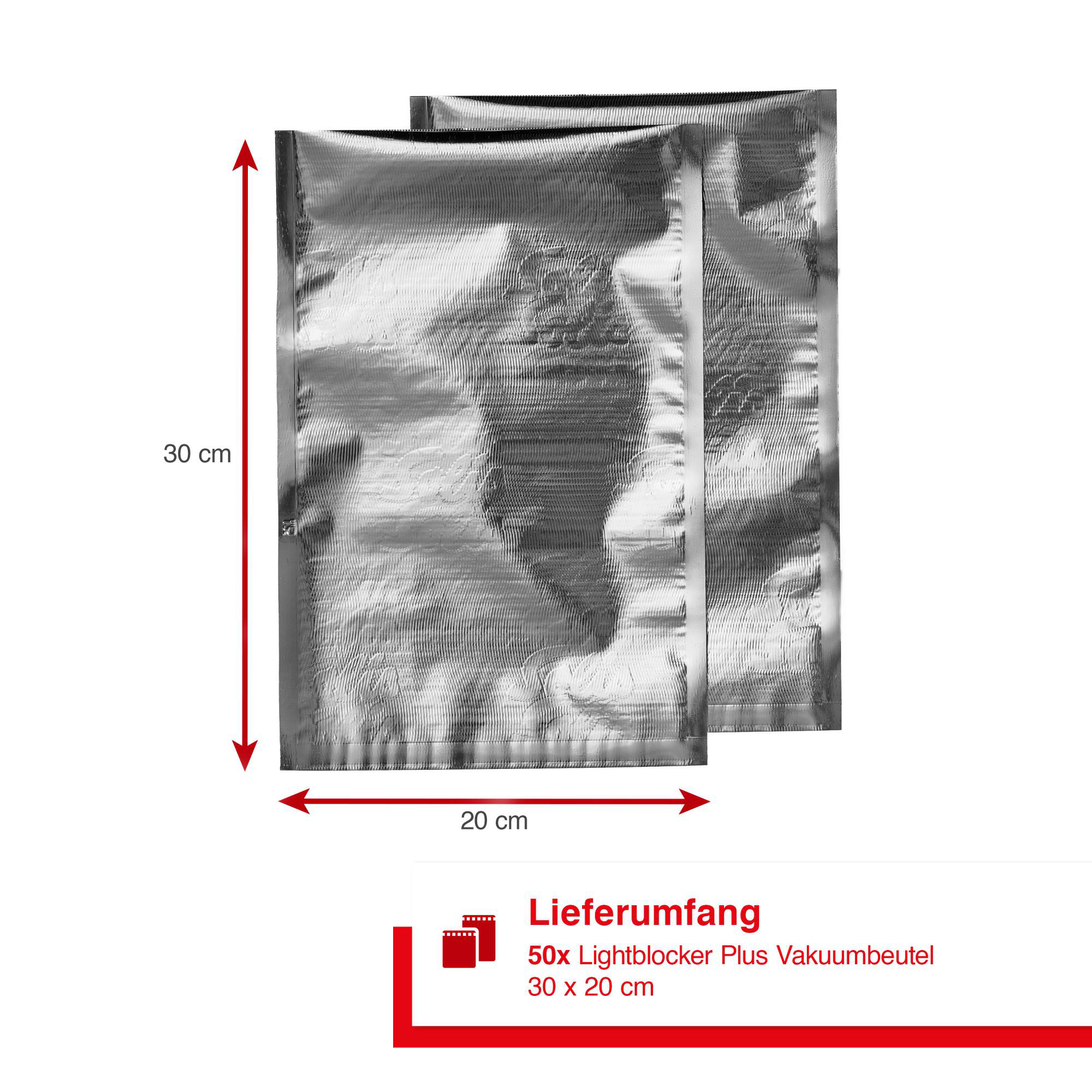 Zwei silberne Vakuumierbeutel mit Maßangaben und einem roten Textbanner.