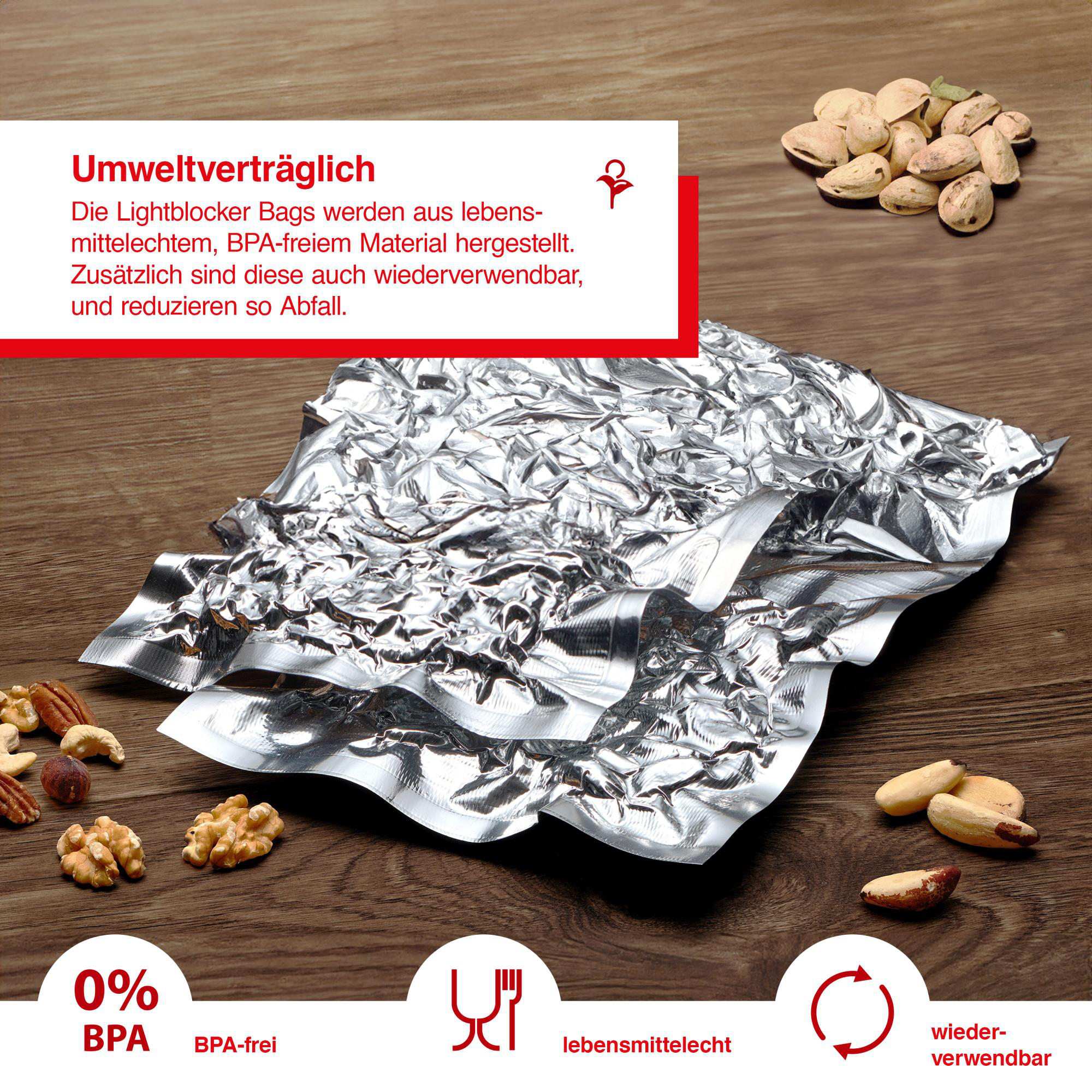 Silberne Folienverpackung mit Nüssen und Text. Der Text beschreibt das Produkt als umweltfreundlich und BPA-frei.
