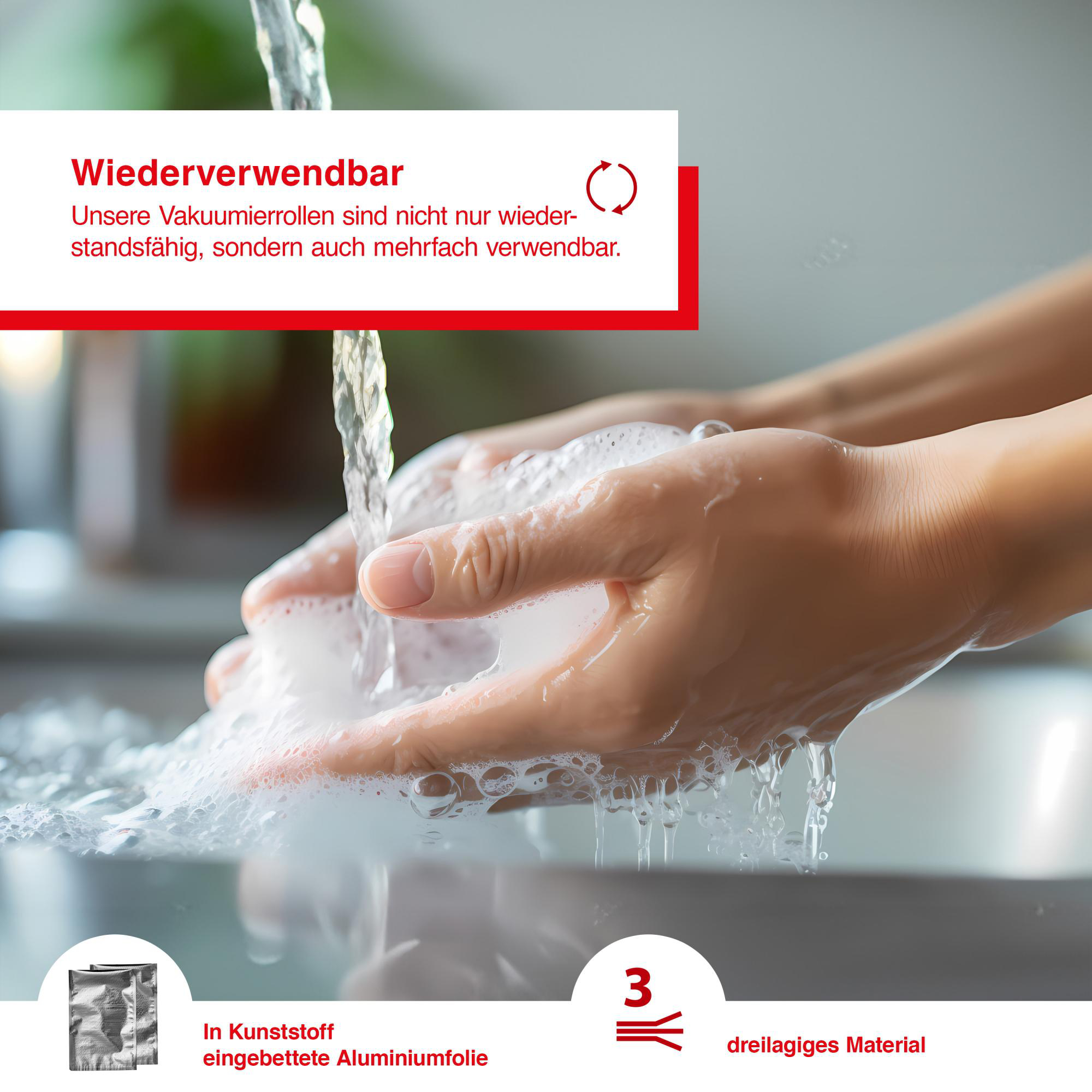 Hände unter fließendem Wasser mit Seifenblasen. Text erwähnt wiederverwendbare und eingebettete Alufolie.