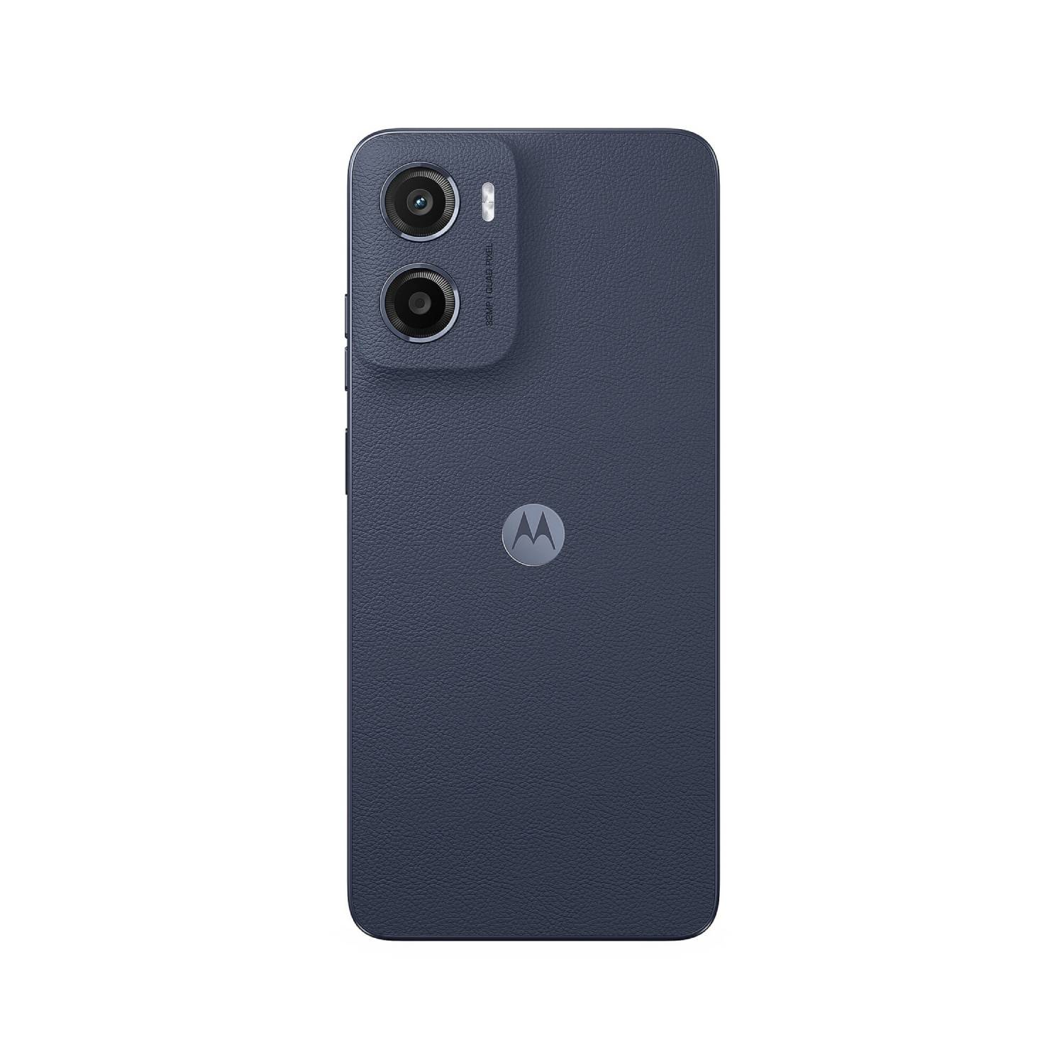 The back of a blue Motorola phone with two cameras and the Motorola logo.
