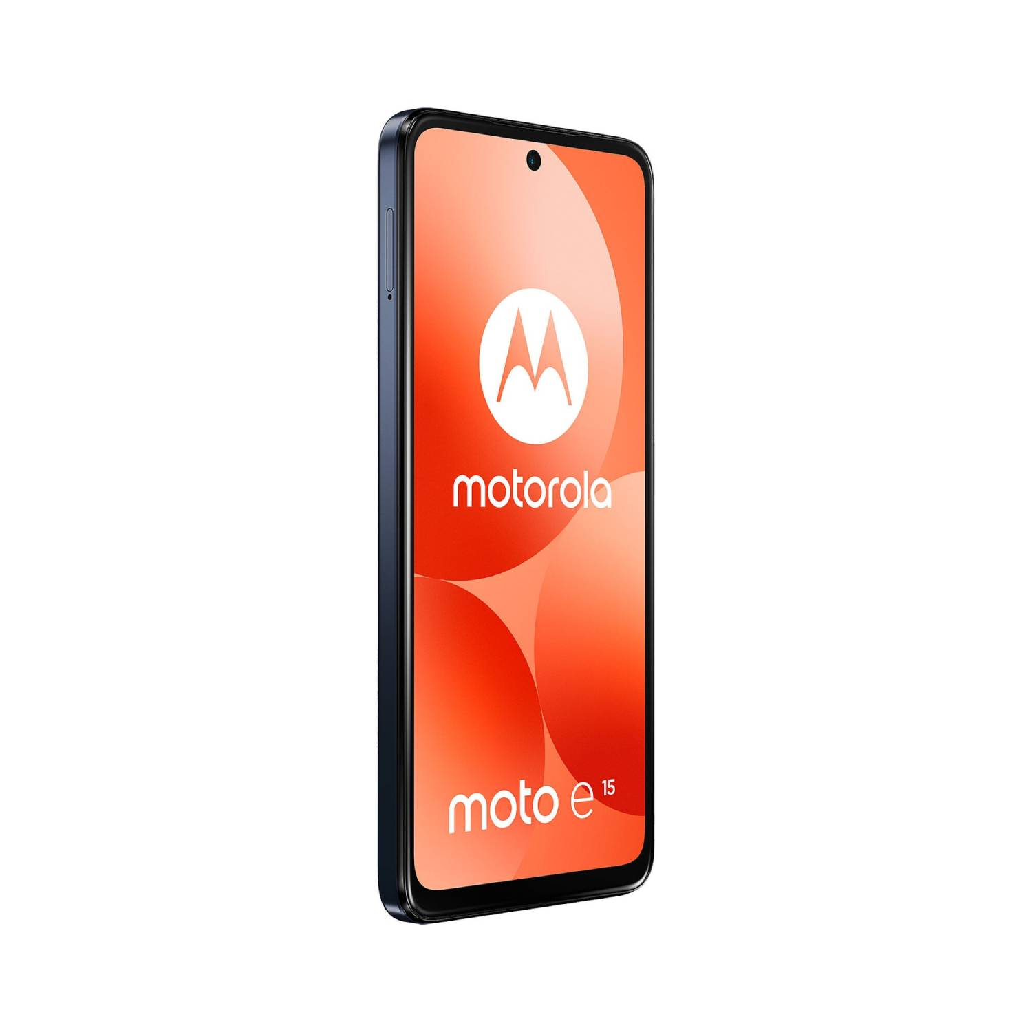 A Motorola Moto e15 smartphone with a large screen, displaying a Motorola logo.