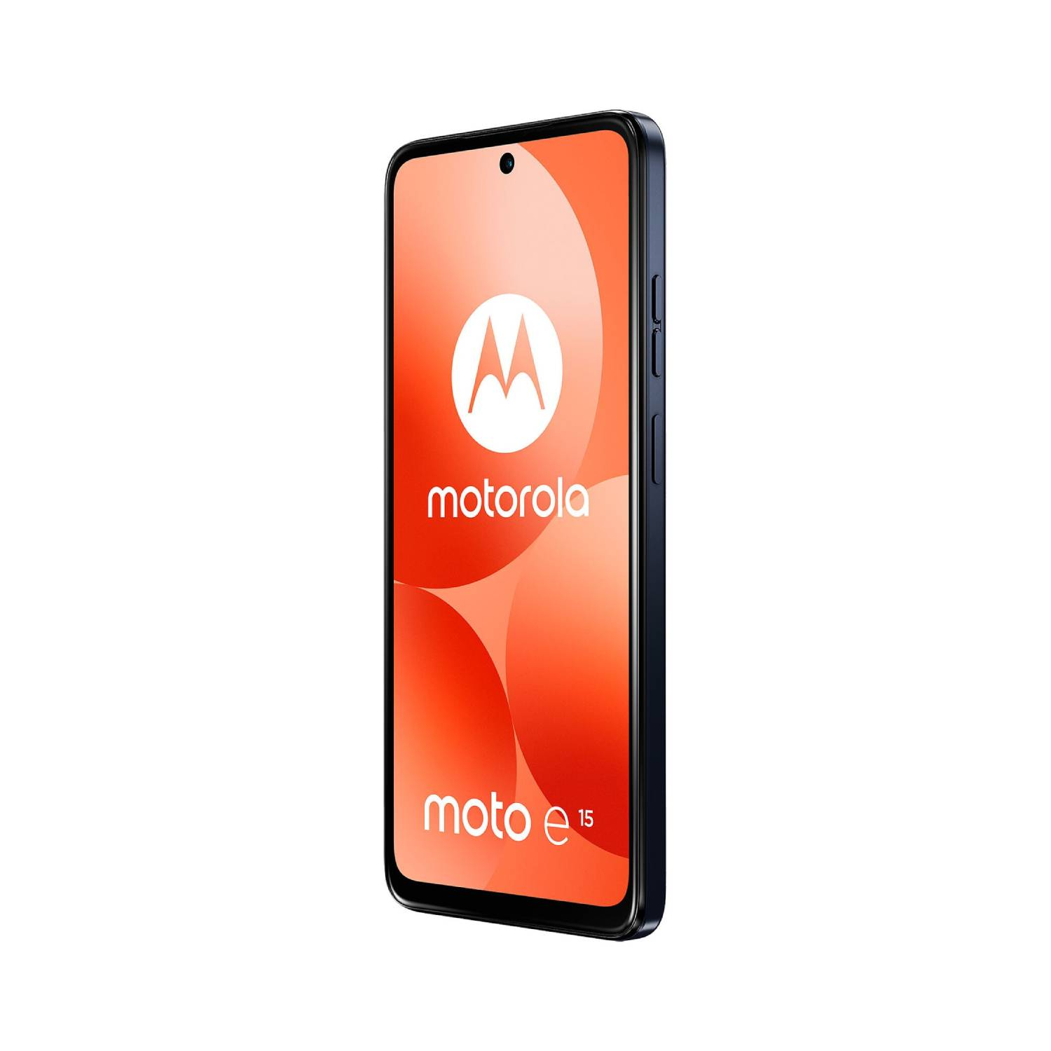 Motorola Moto E15 phone. Black frame, orange-red background. Motorola logo and model name displayed.