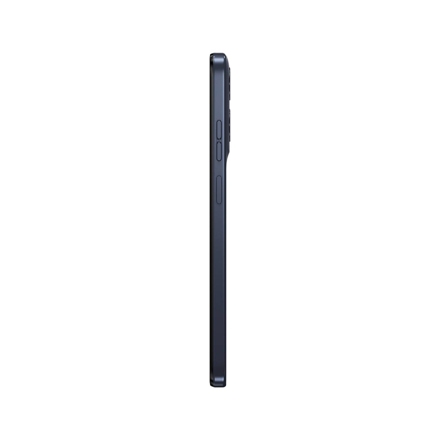 A side view of a navy blue smartphone with a clean, minimalist design.