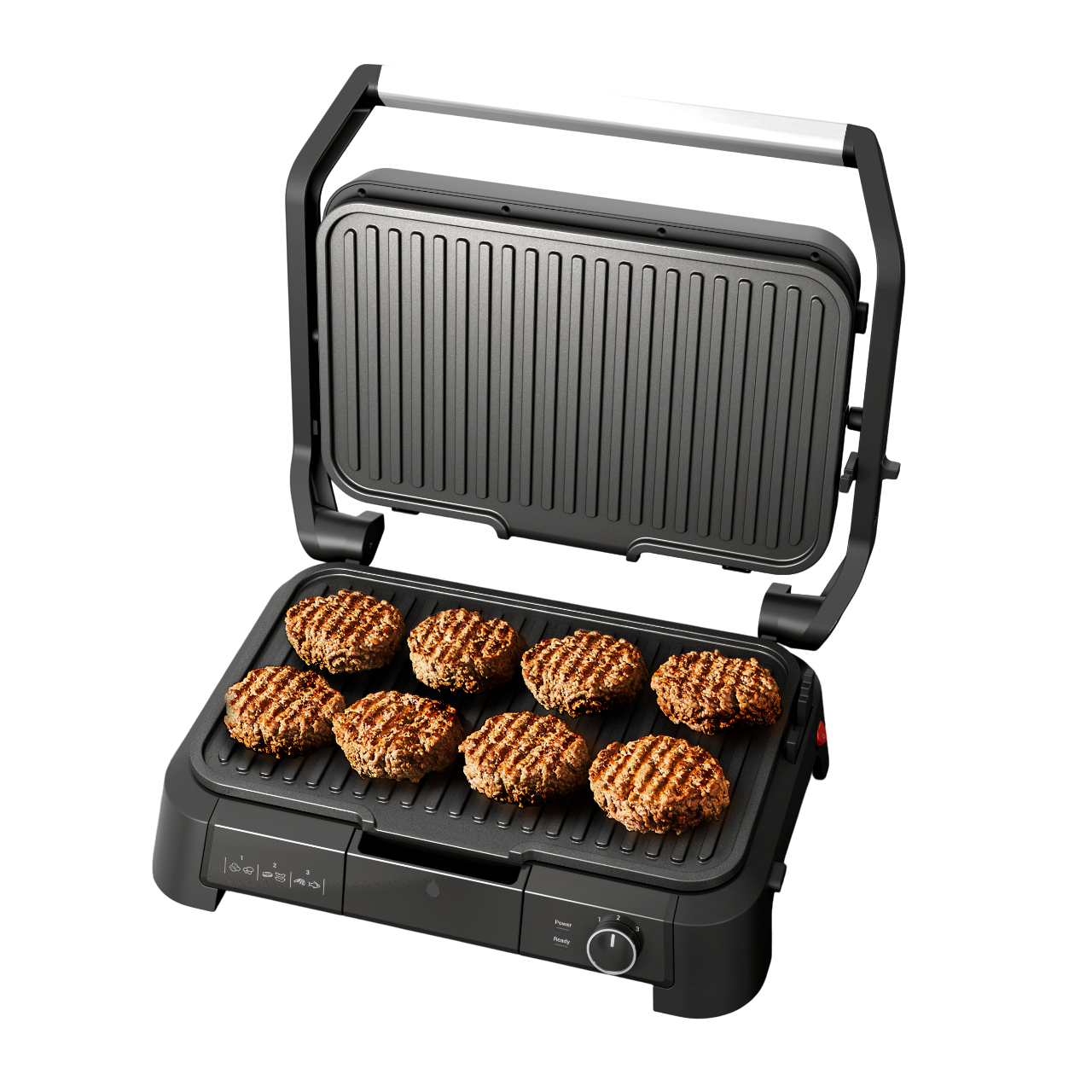 Schwarzer offener Grill mit acht gegrillten Burgern. Der Grill hat ein Bedienfeld.