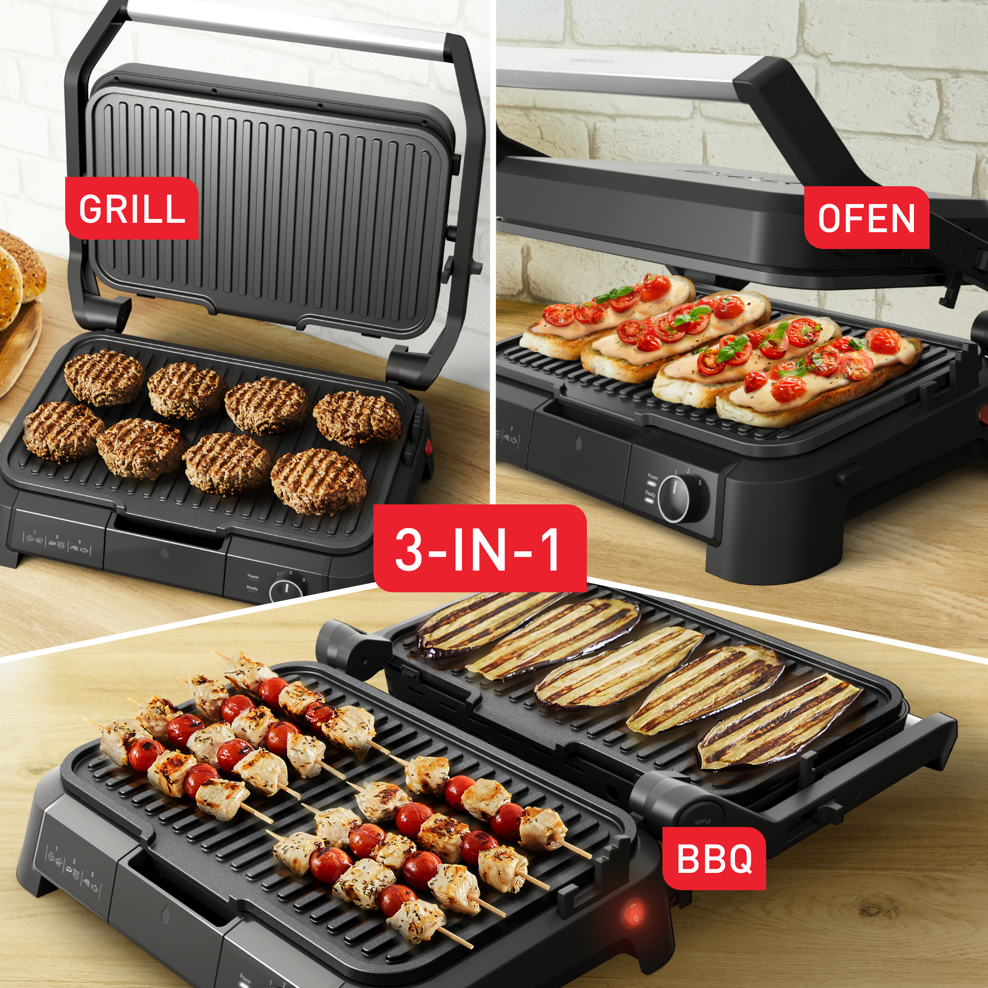 Drei-in-Eins-Grillgerät: Grill-, Ofen- und BBQ-Modi.
