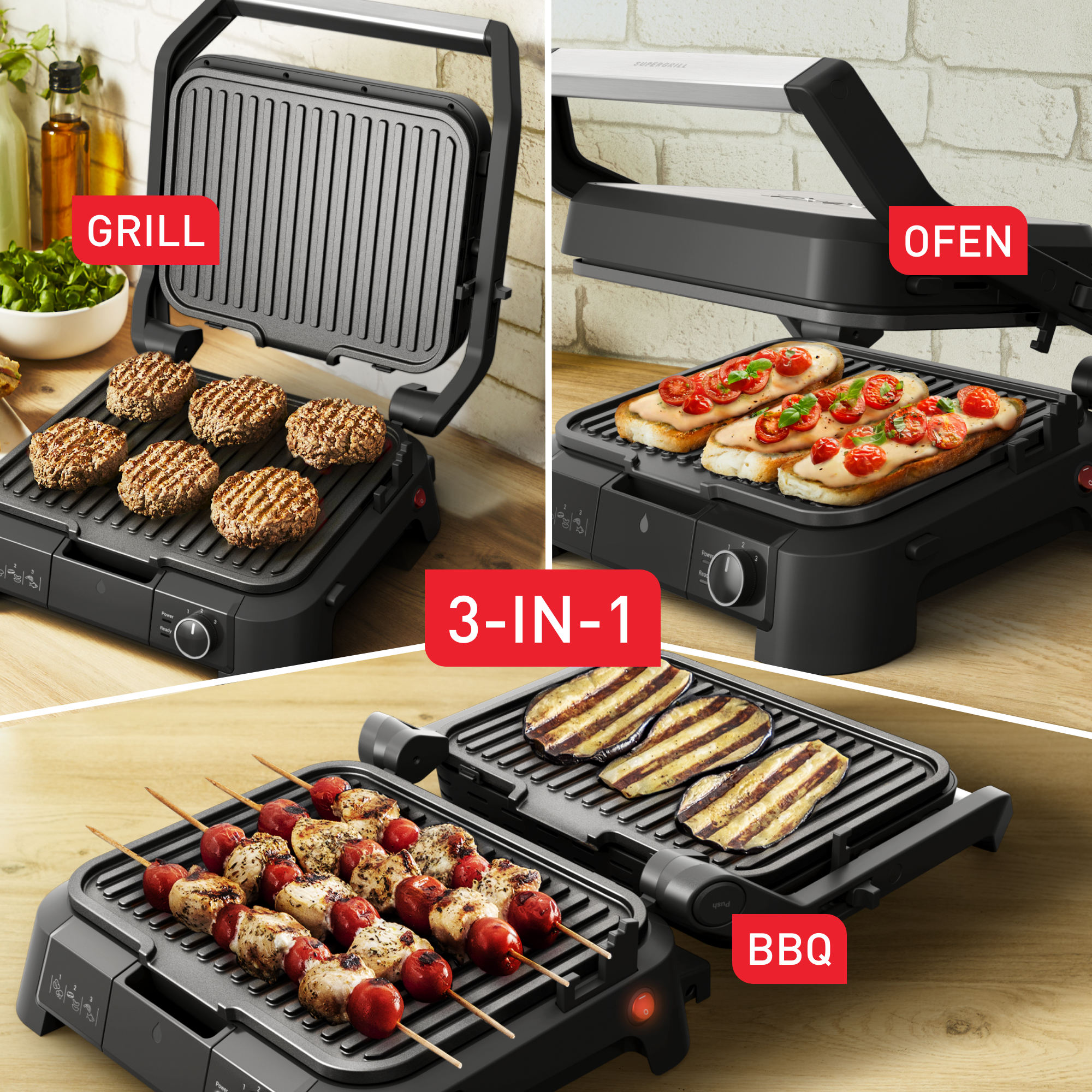 Ein 3-in-1-Grill. Oben: Burger. Mitte: Sandwiches. Unten: Spieße. Alles auf schwarzen Grillflächen mit roten Akzenten.