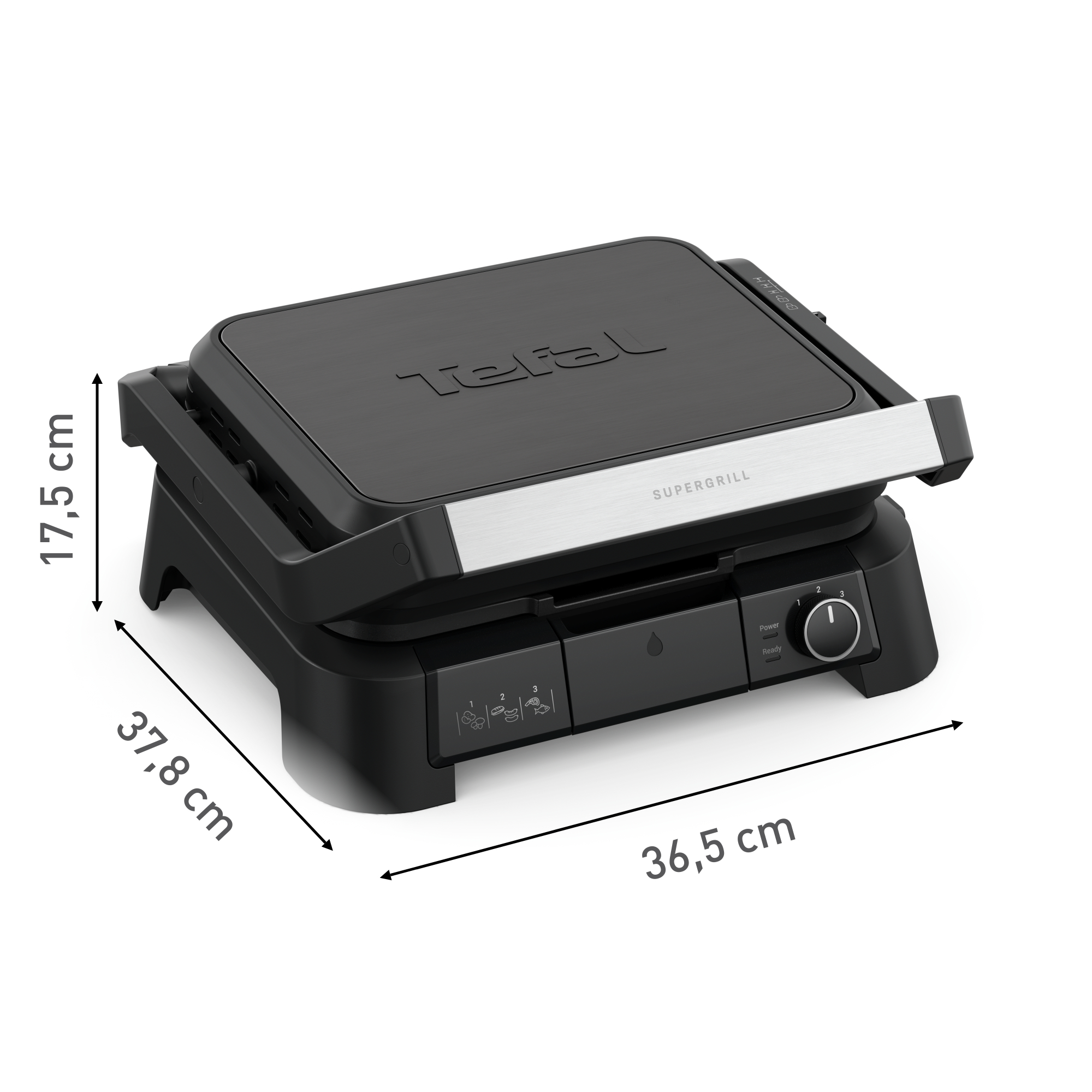 Schwarzer Tefal Supergrill mit Abmessungen in cm: 17,5, 37,8 und 36,5.