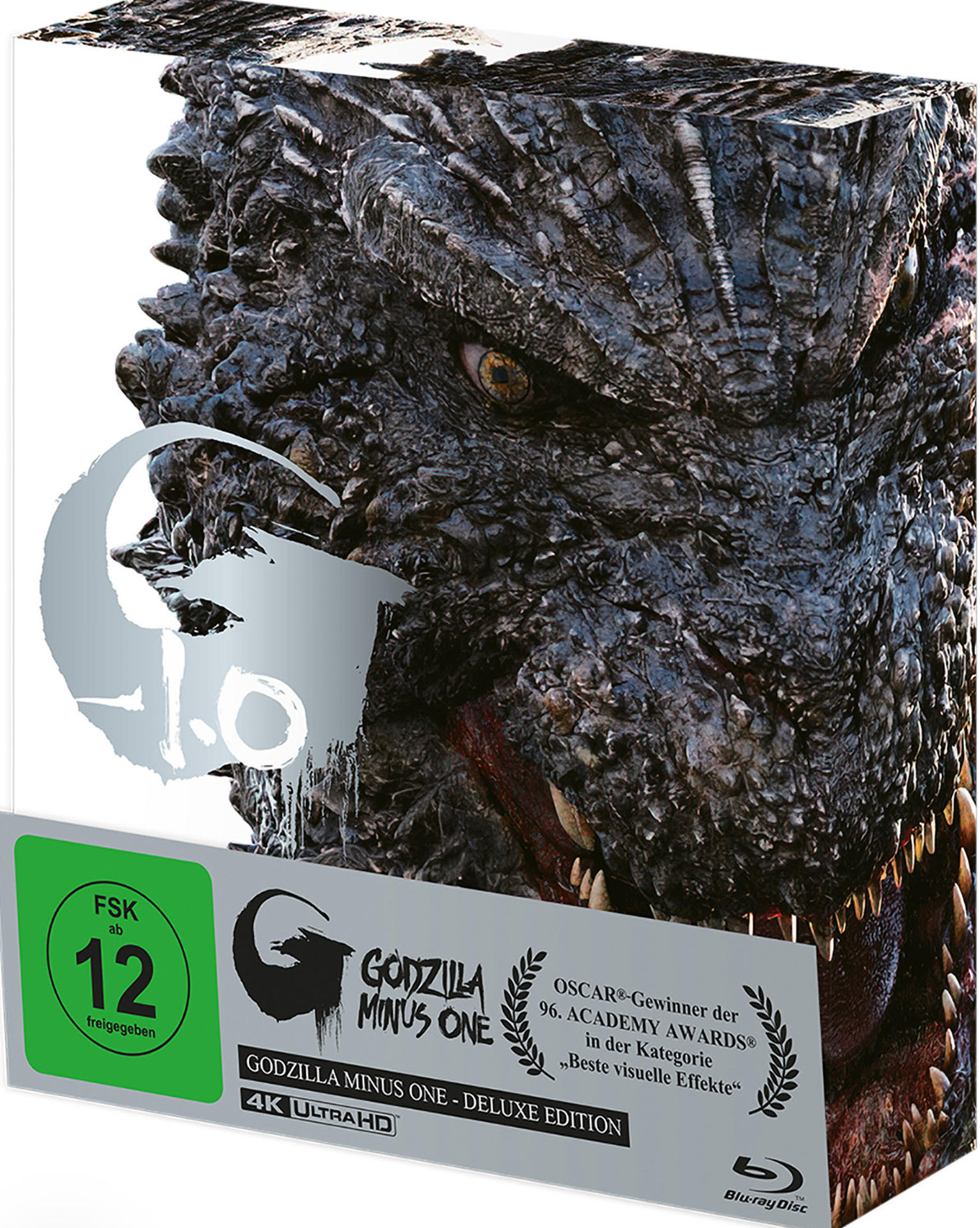Nahaufnahme einer Godzilla Minus One Blu-ray-Box mit Monstergesicht.