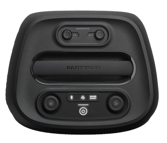 Czarny głośnik PartyBox, z kontrolkami mikrofonu i odtwarzania na górze.