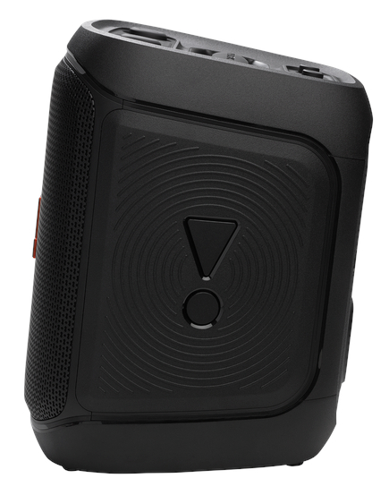 Czarny, prostokątny głośnik z okrągłą maskownicą i przyciskami. Głośnik jest pod kątem.
