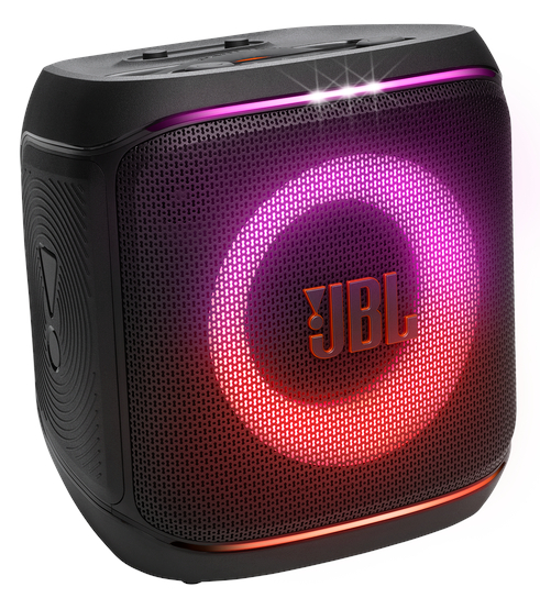 Czarny i czerwony głośnik JBL z podświetlonym czerwonym i fioletowym pierścieniem wokół niego.