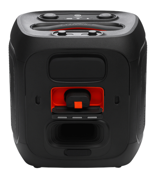 Czarna i czerwona skrzynka głośnikowa z widocznym panelem sterowania i otwartą komorą.