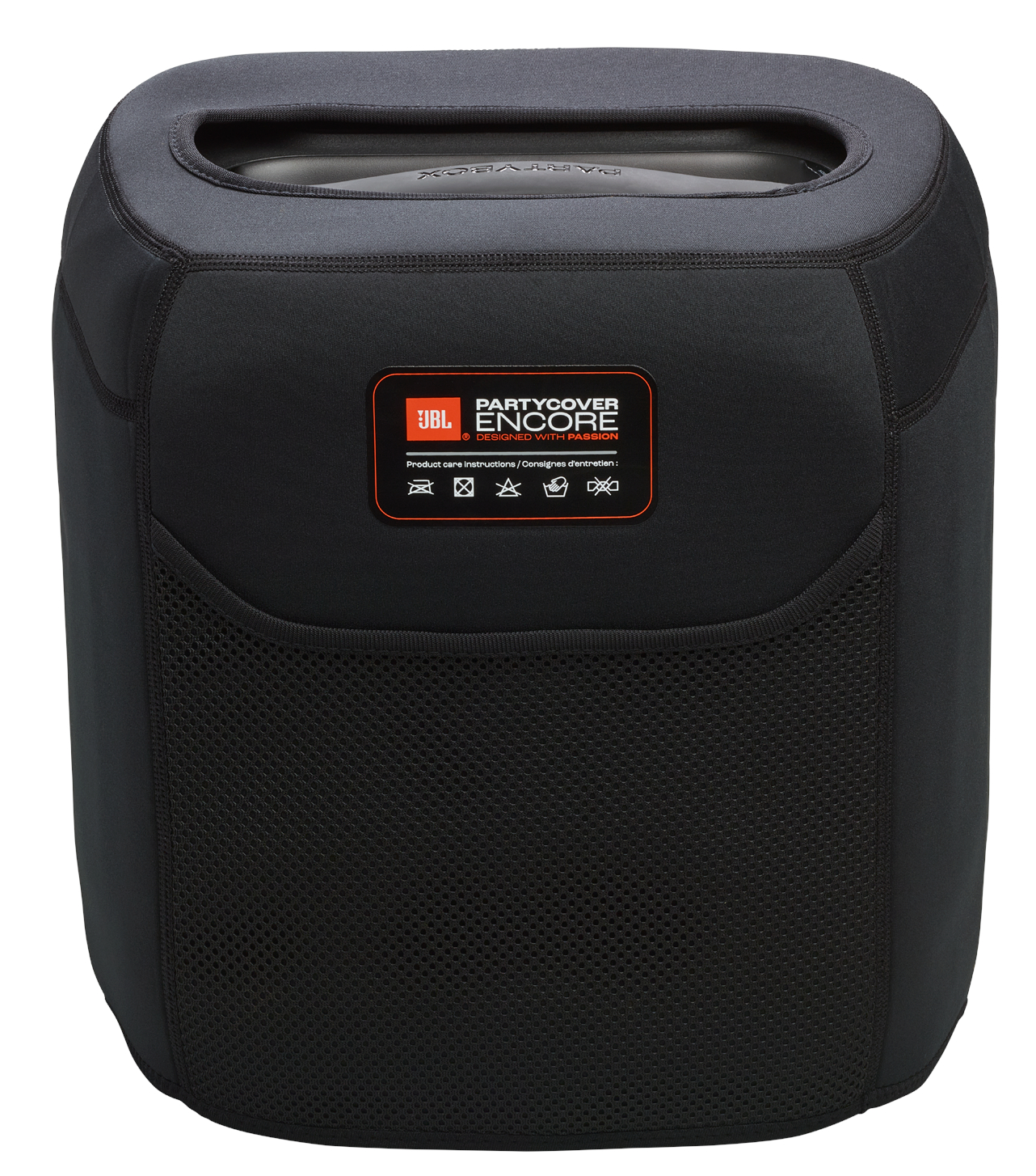 Czarny pokrowiec na głośnik JBL z siatkowym przodem i logo. Pokrowiec chroni głośnik. Tło jest białe.
