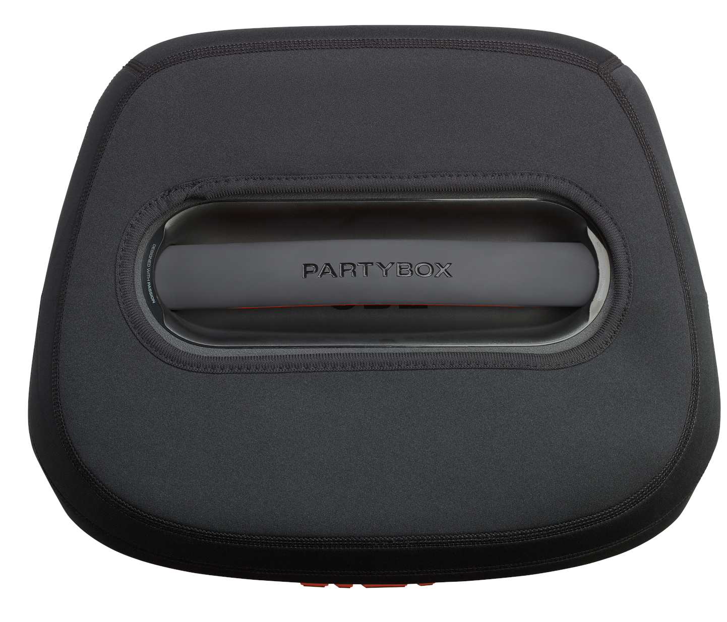 Widok z góry czarnej osłony głośnika z przezroczystym uchwytem i czerwonymi przyciskami.