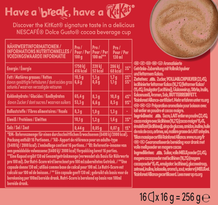 Nährwertinformationen für einen Kit Kat Getränkebecher. Mehrere Textspalten.