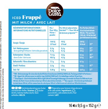 Nährwertangaben für ein Iced Frappé Getränk von Nescafe Dolce Gusto, mit Milch.