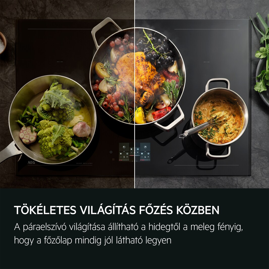 Fekete főzőlap edényekkel. Kép kettéosztva, étel az egyik oldalon, főzés a másikon.