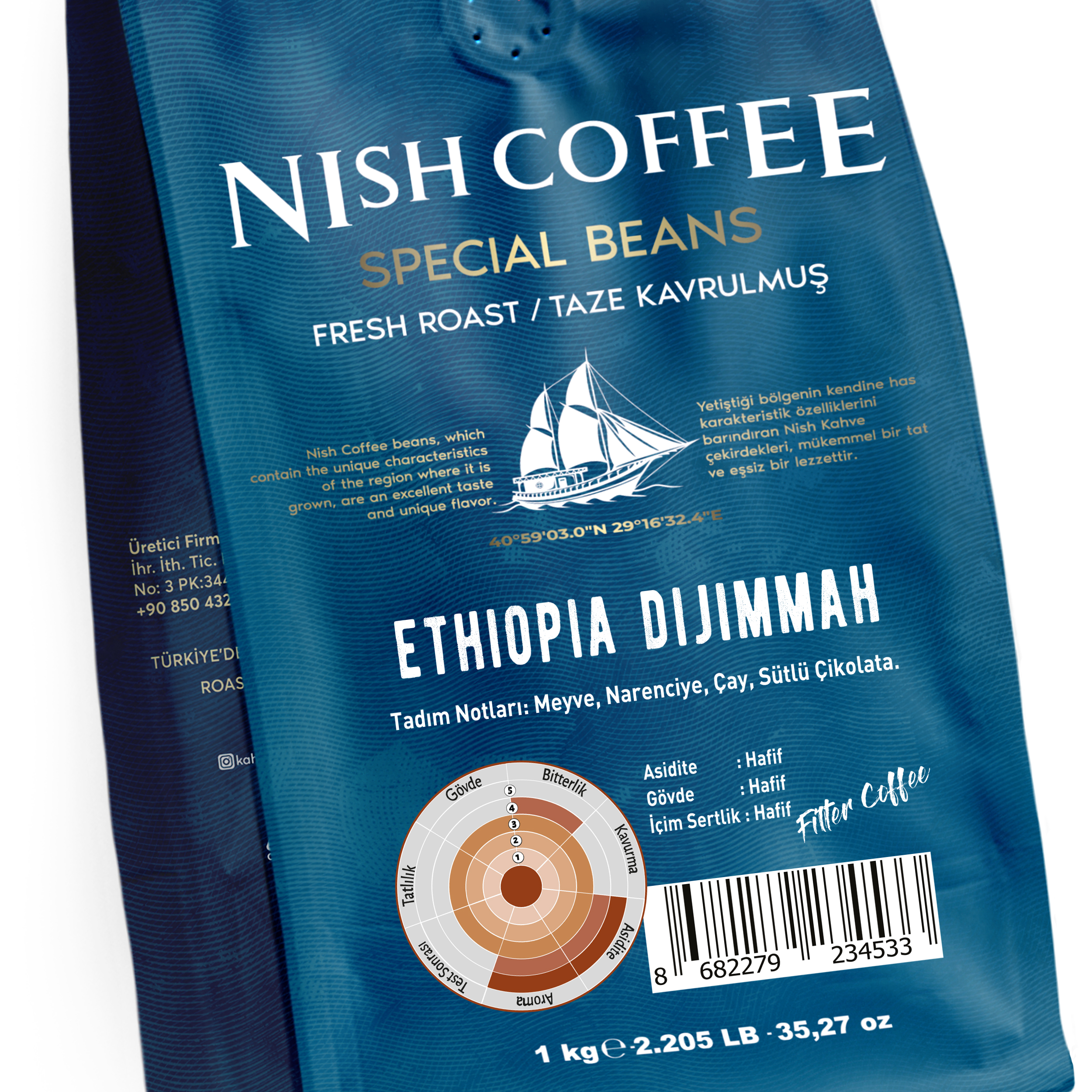 Nish Coffee markası bulunan bir kahve poşeti.