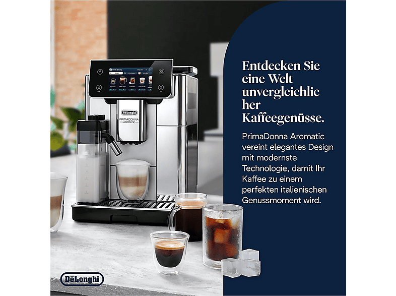 DELONGHI Primadonna Aromatic ECAM630.55.SSM - über 35 heiße und kalte Rezepte, Cold Brew, 4 Profile, Kaffeevollautomat Edelstahl gebürstet glänzend