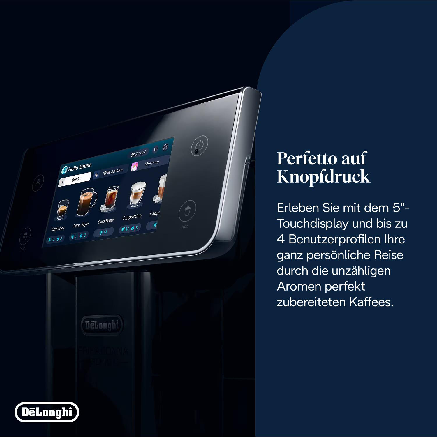 Kaffeemaschinenschnittstelle mit verschiedenen Getränkeoptionen.