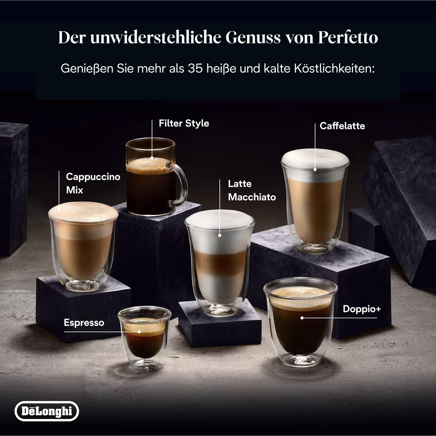 Verschiedene Kaffeegetränke im Angebot. Espresso, Cappuccino Mix, Filter Style, Latte Macchiato, Caffe Latte und Doppio+.