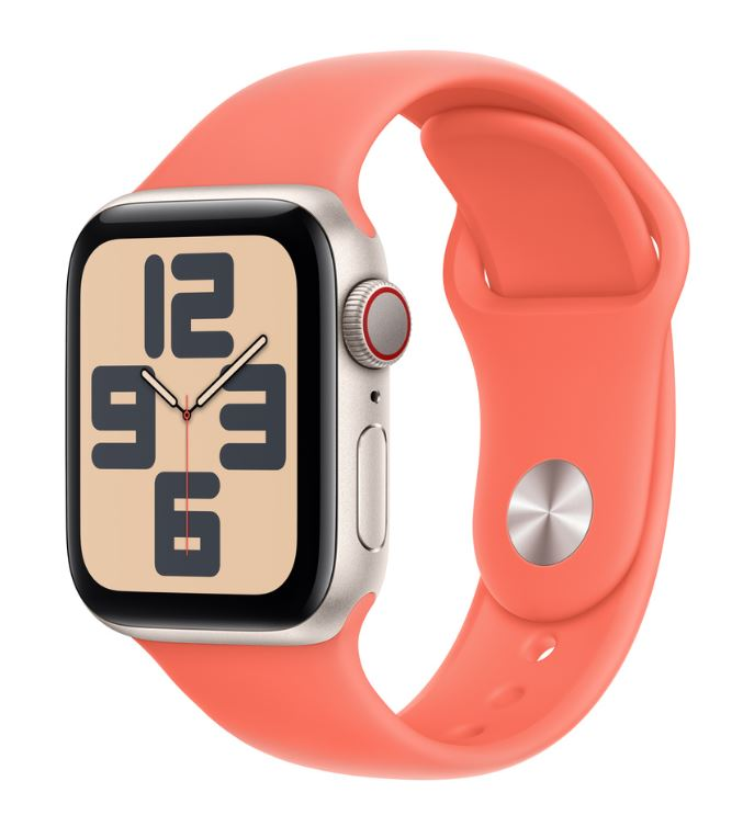 Mercan kayışlı bir Apple Watch. Saat kadranı zamanı gösterir. Saat kasası gümüş rengidir.