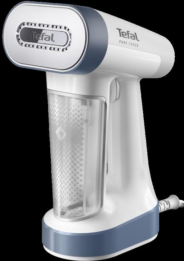 Biało-niebieska ręczna parownica do odzieży z logo Tefal.