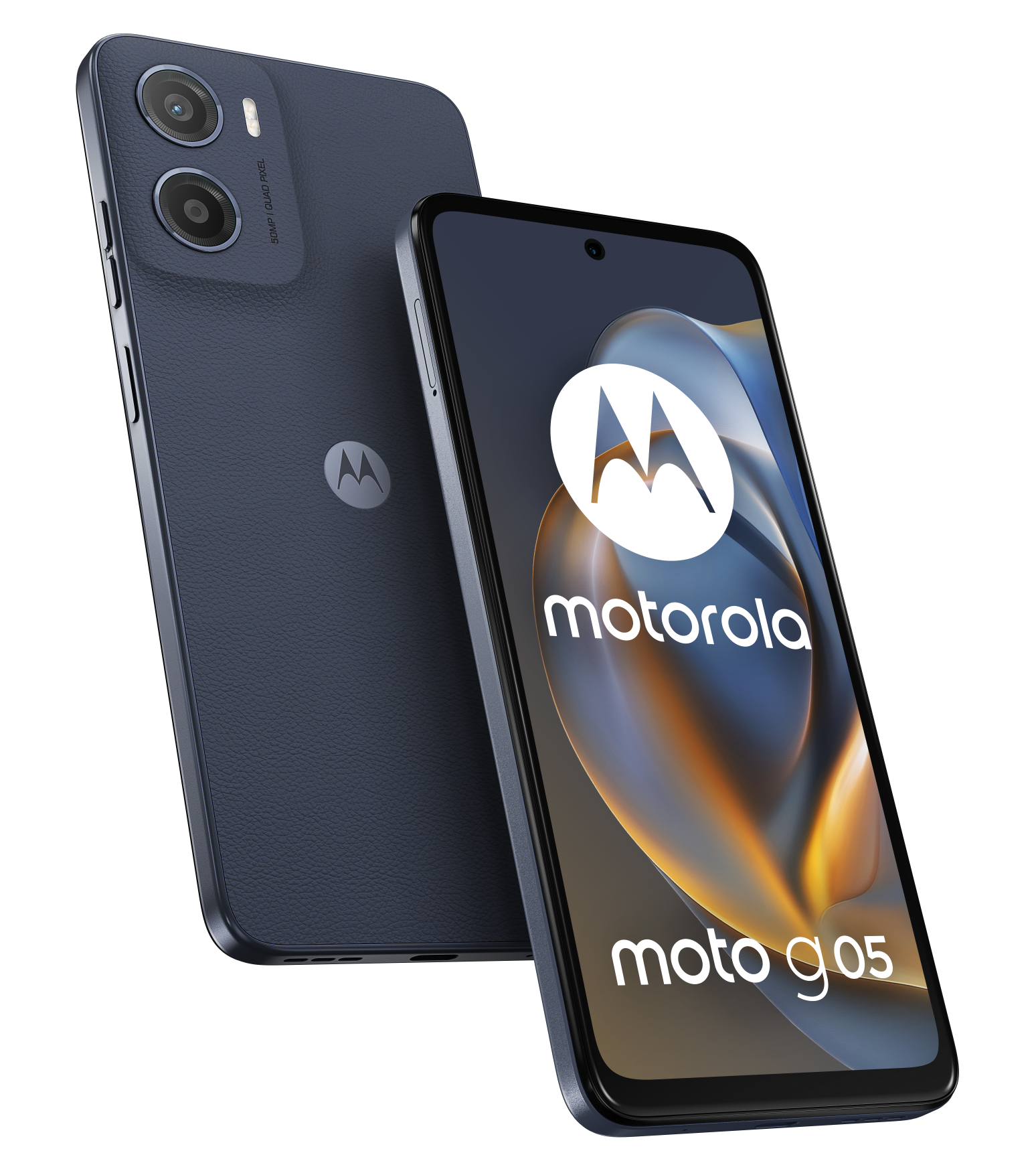Dwa niebieskie telefony Motorola, jeden pionowo, drugi pod kątem. Ekran z logo i nazwą.