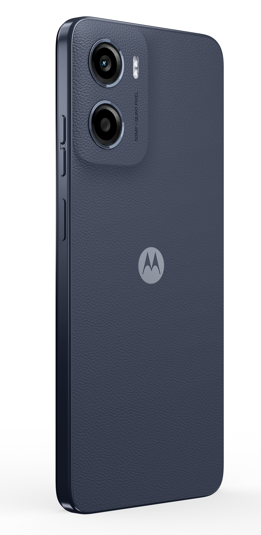 Widok z tyłu niebieskiego telefonu Motorola z teksturowanym wykończeniem.