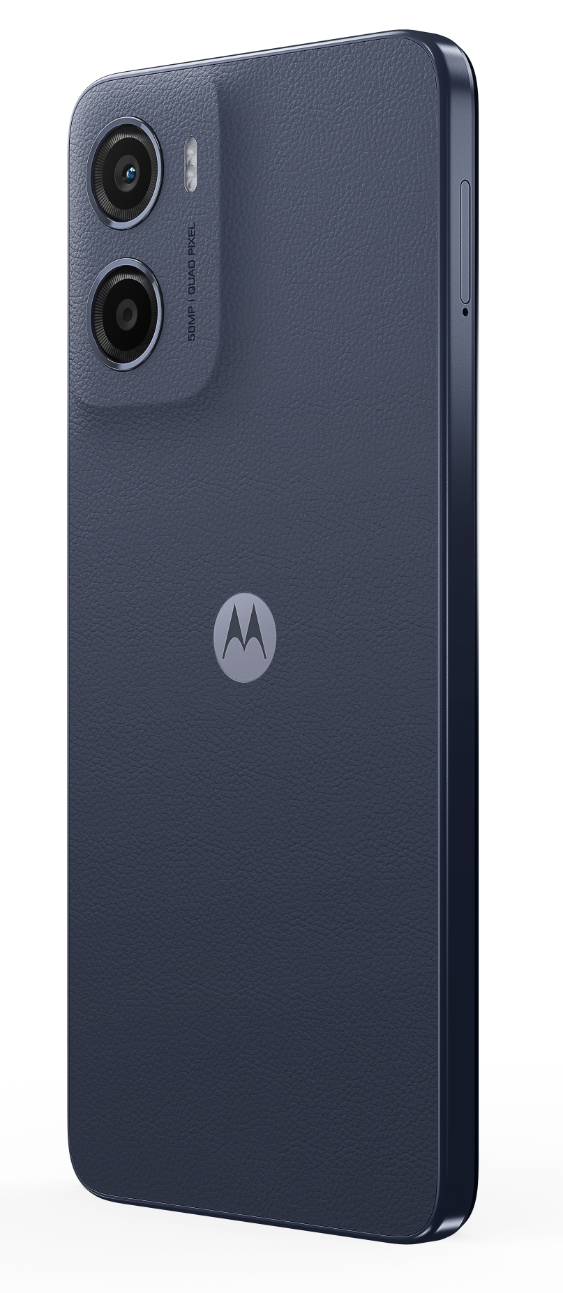 Niebieski smartfon z podwójnym aparatem i logo Motorola na teksturowanym tyłem.