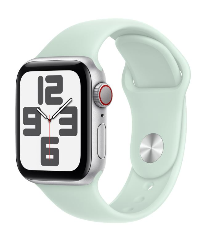 Gümüş kasalı ve nane yeşili kayışlı bir Apple Watch. Ekran 12:03:06 zamanını gösteriyor.