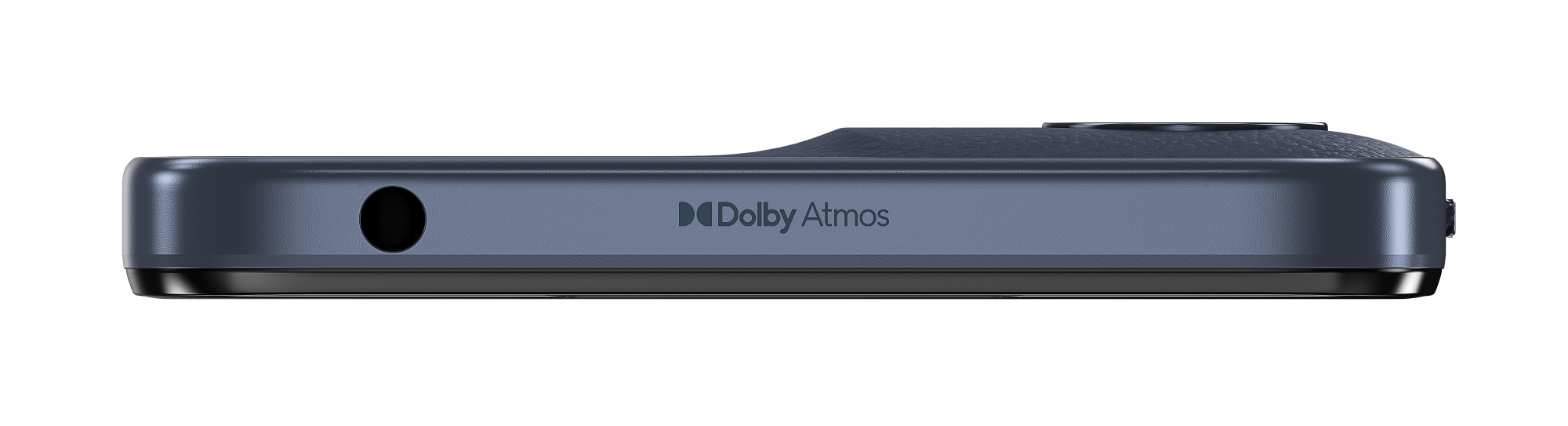 Zbliżenie boku urządzenia pokazujące gniazdo słuchawkowe i logo „Dolby Atmos”. Urządzenie jest ciemnoniebieskie.