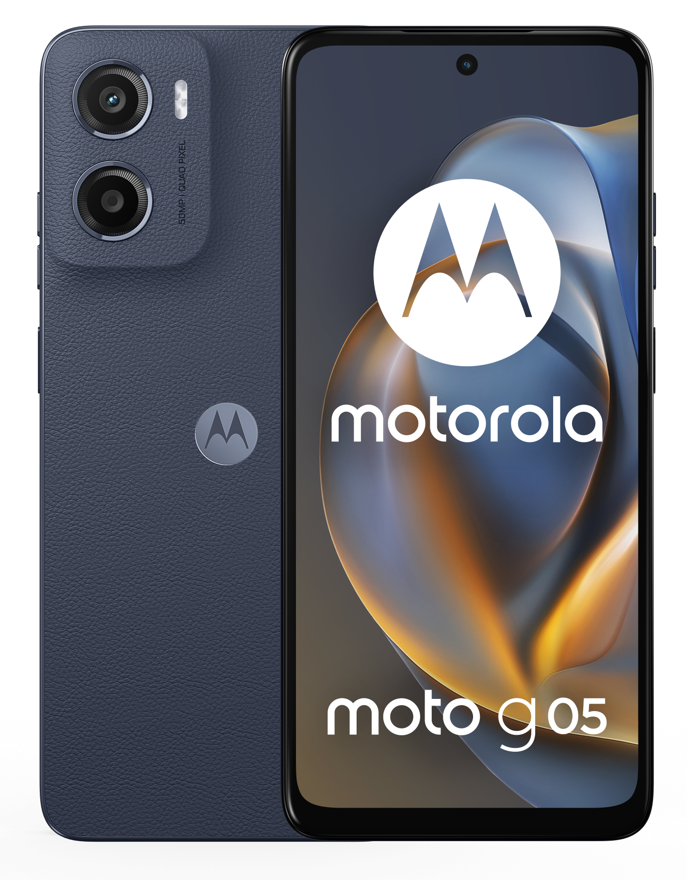 Smartfon Motorola Moto G05, granatowy, podwójny aparat tylny, logo Motorola i ekran przedni.