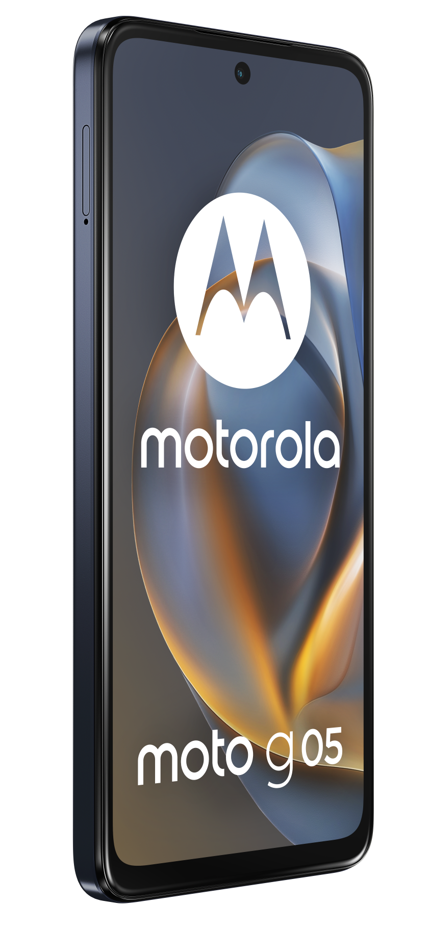 Niebieski telefon z białym logo Motorola na ekranie, widok pod kątem, na jasnym tle.