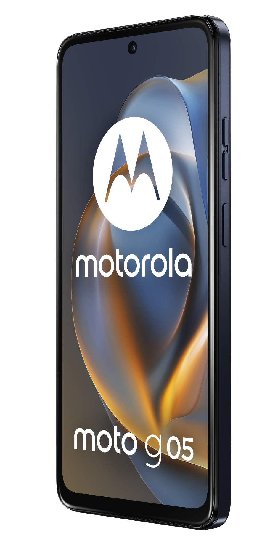 Telefon Motorola Moto G05 w kolorze niebieskim, białe logo na wyświetlaczu.