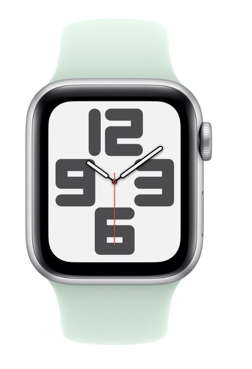Saati gösteren beyaz kadranlı bir Apple Watch. Saat, gümüş renkli bir çerçeveye ve açık yeşil bir kayışa sahip.