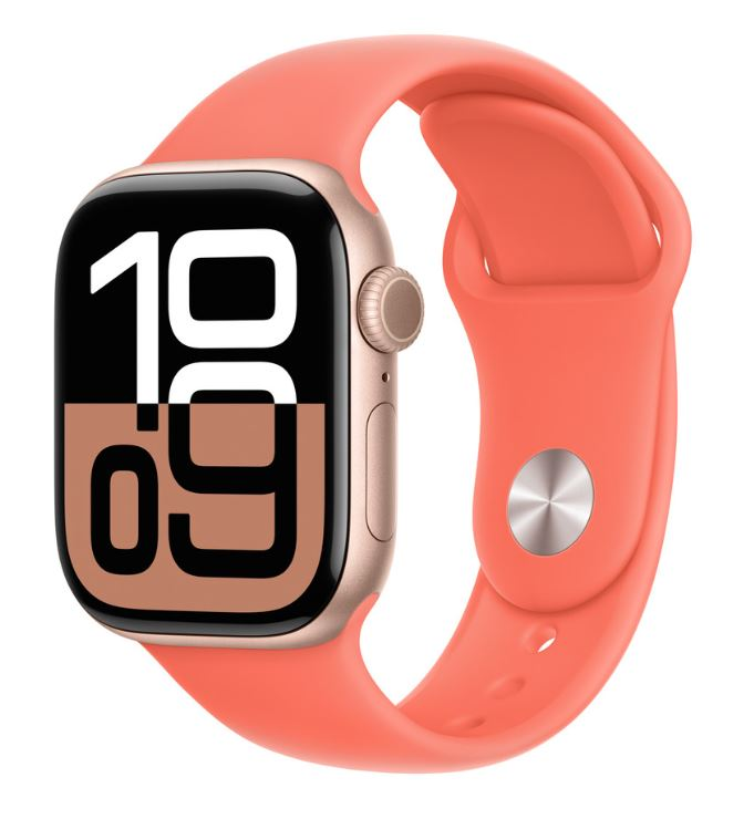 Altın renkli, mercan kayışı olan bir Apple Watch SE, 10:09'u gösteriyor. Sağda bir düğme ve kayışta metal bir toka var.